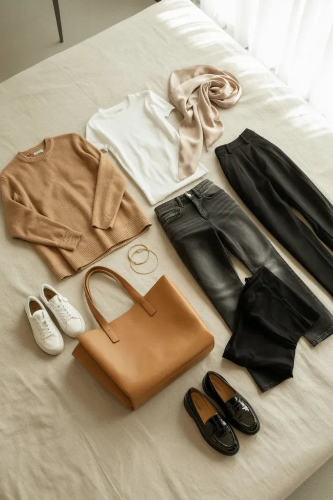 Travel capsule wardrobe flat lay with neutral pieces for carry-on packing