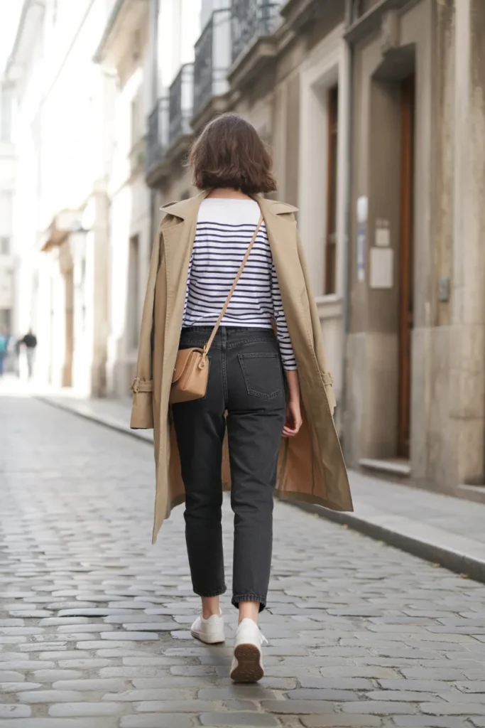 Travel outfit showing how to style jeans with a striped Breton tee and trench coat