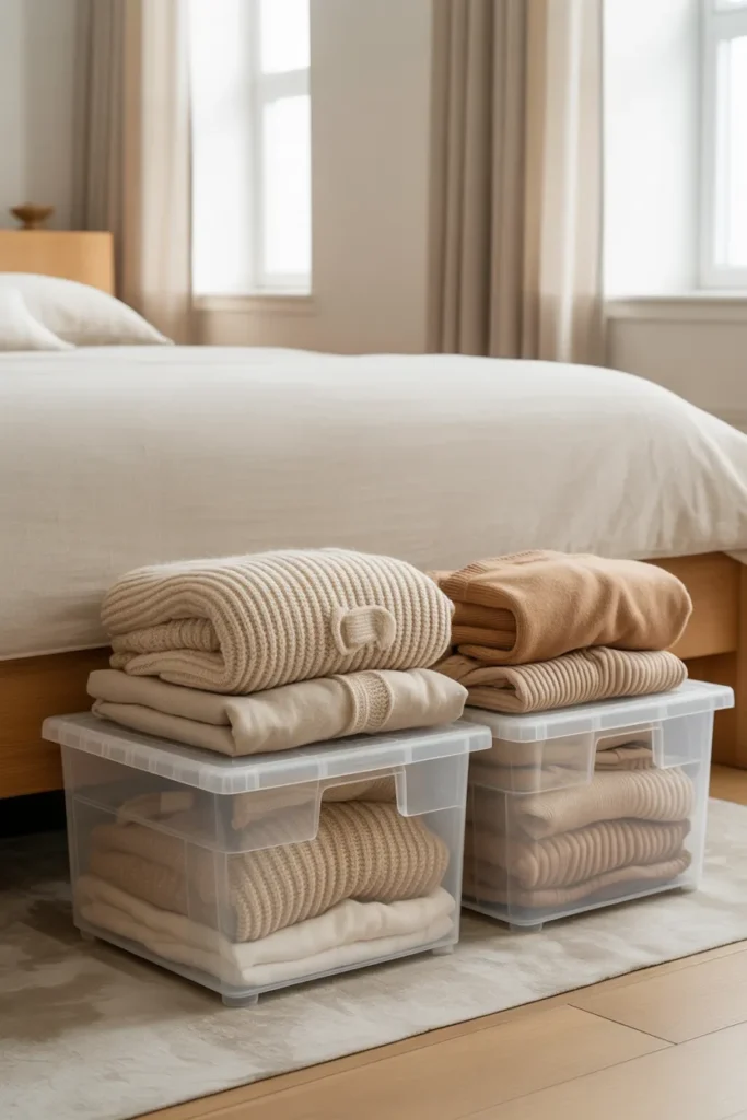 Under bed storage bins for seasonal capsule wardrobe rotation