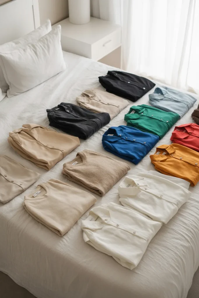 Wardrobe audit with clothes laid out by color family on a white linen bed for capsule color palette planning.