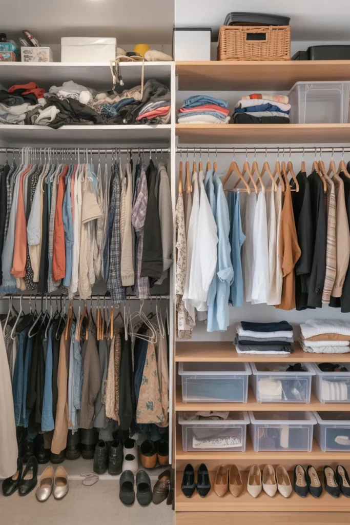 Wardrobe declutter before and after — closet transformation in one weekend