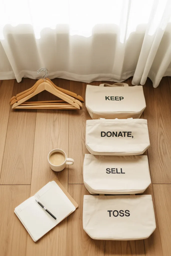 Wardrobe decluttering checklist supplies — hangers, labeled donation bags, and closet organization essentials