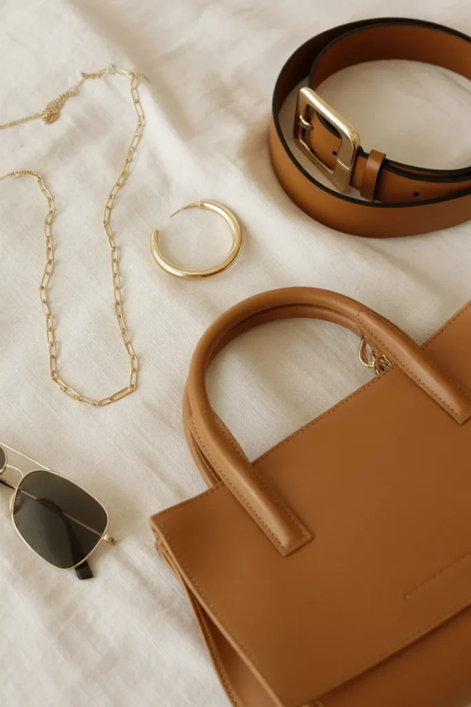 Weekend outfit accessories including gold chain, tan handbag and leather belt
