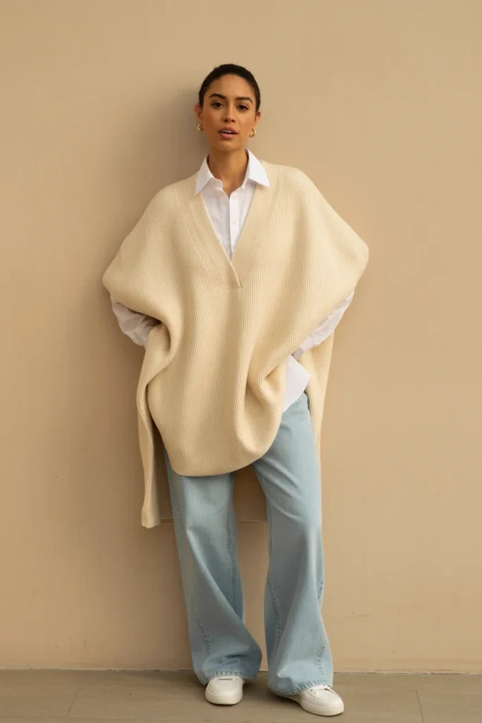 White button-down layered under knit sweater vest outfit for fall styling