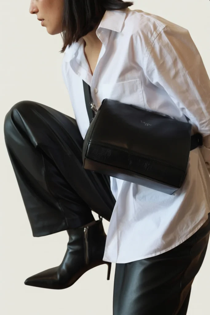 White button-down shirt half-tucked into black leather pants edgy evening outfit