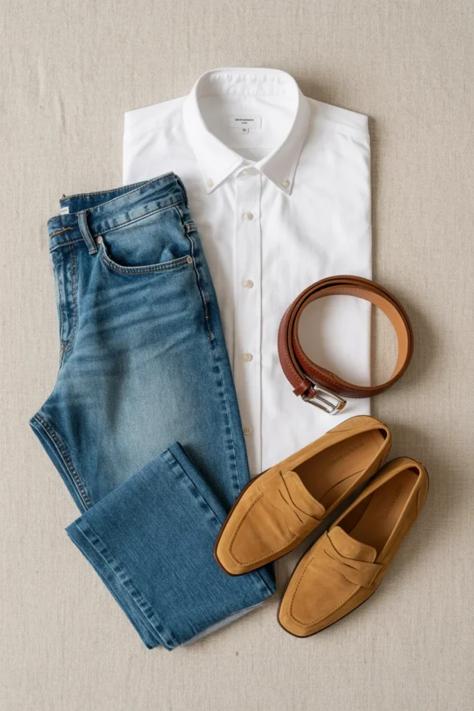 White button-down shirt styled with straight-leg jeans and loafers flat lay outfit idea