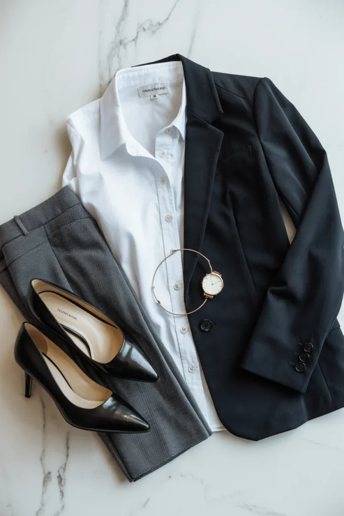 White button-down shirt with blazer and trousers professional office outfit flat lay