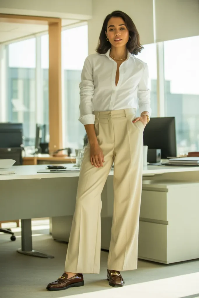 White button-down shirt with wide-leg trousers business casual work outfit from capsule 