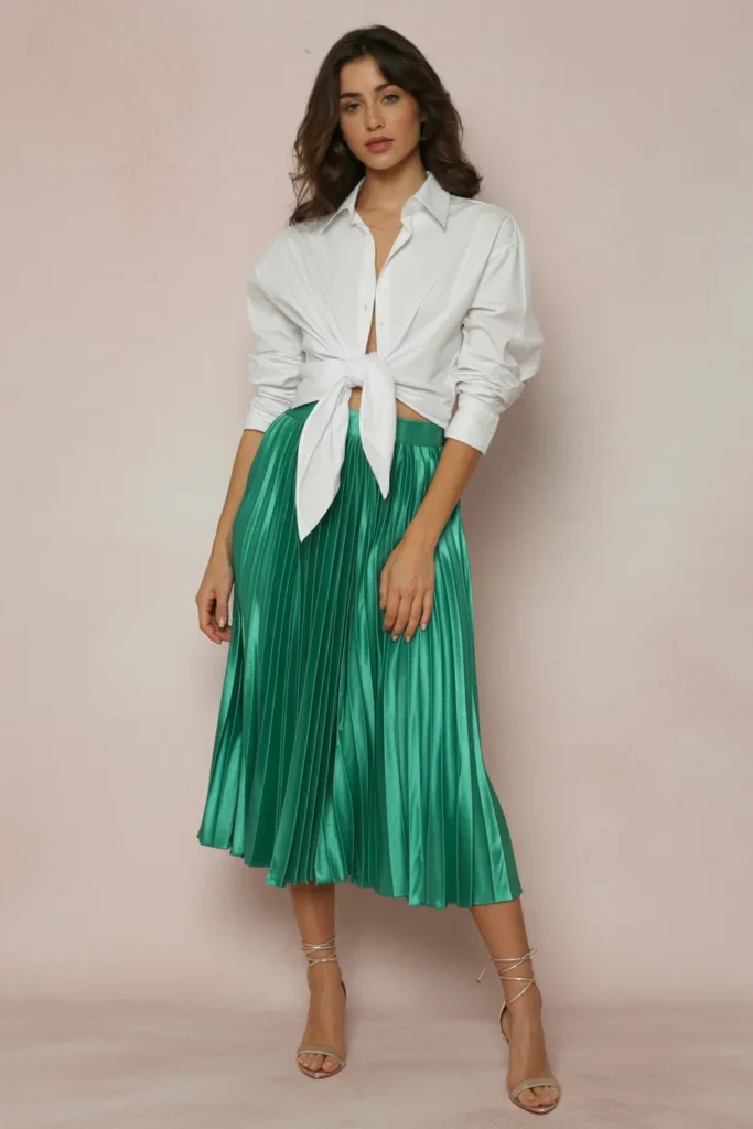 White shirt tied at waist with pleated midi skirt feminine outfit idea