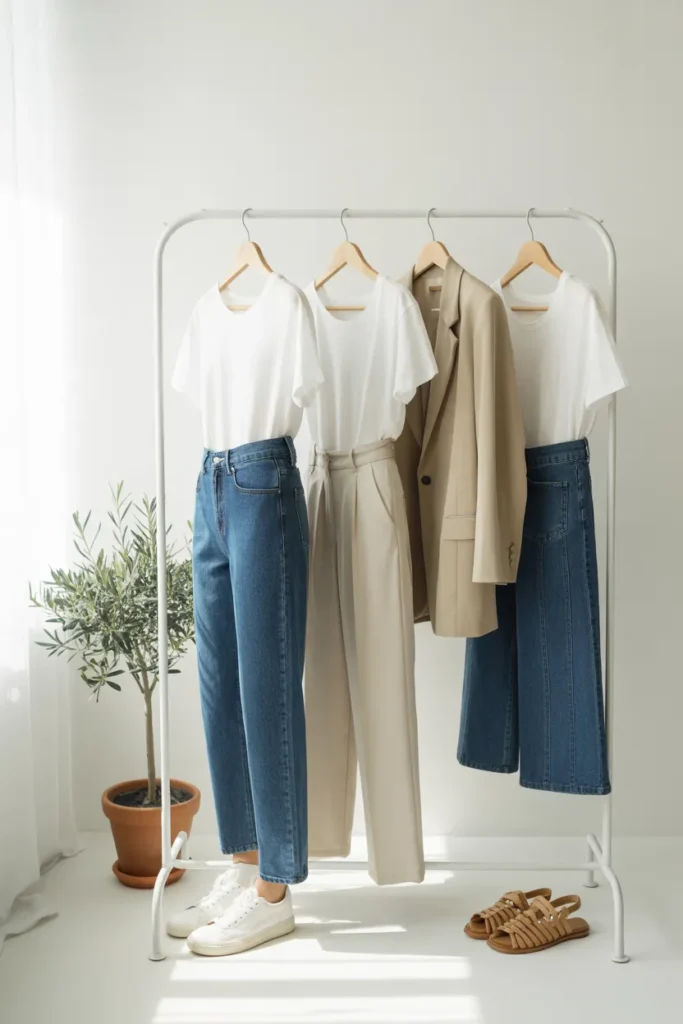 White t-shirt outfit ideas on clothing rack capsule wardrobe basics for women 2026