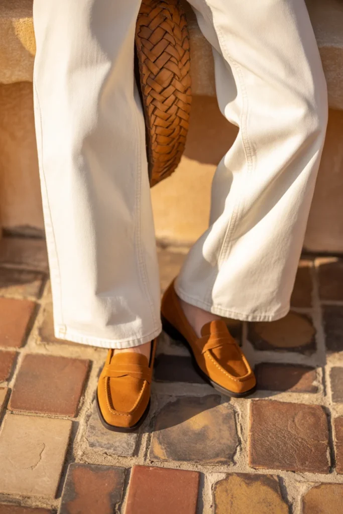 White wide-leg jeans with suede loafers — trending spring wardrobe essential for 2026