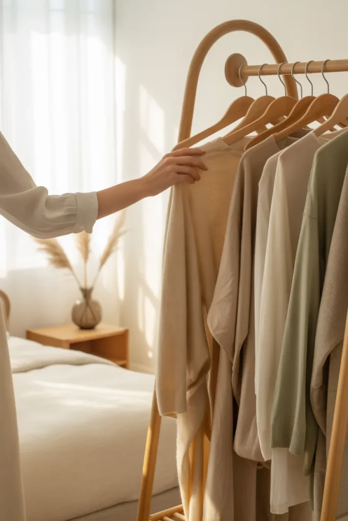 Woman choosing a beige cardigan from her curated minimalist capsule wardrobe