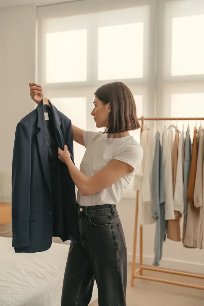 Woman choosing a capsule wardrobe outfit from a minimalist closet rack demonstrating easy mix and match styling
