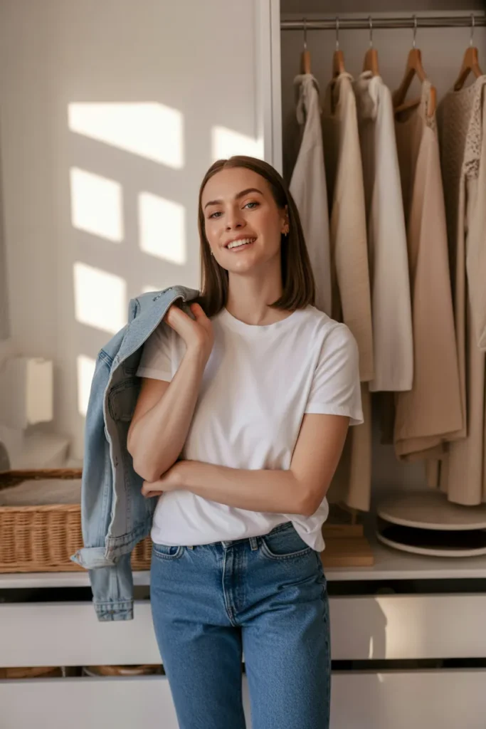 Woman confidently styled in her completed capsule wardrobe on a budget
