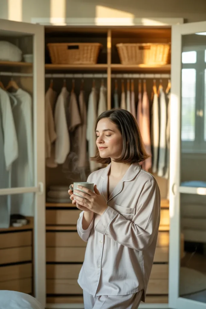 Woman enjoying her newly organized minimalist closet after weekend wardrobe declutter