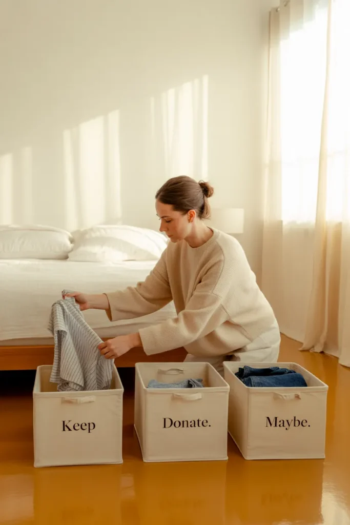 Woman sorting clothes into keep donate and maybe bins during a minimalist wardrobe declutter