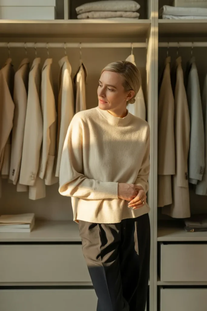 Woman styling her minimalist capsule wardrobe with best basics brands in neutral shades