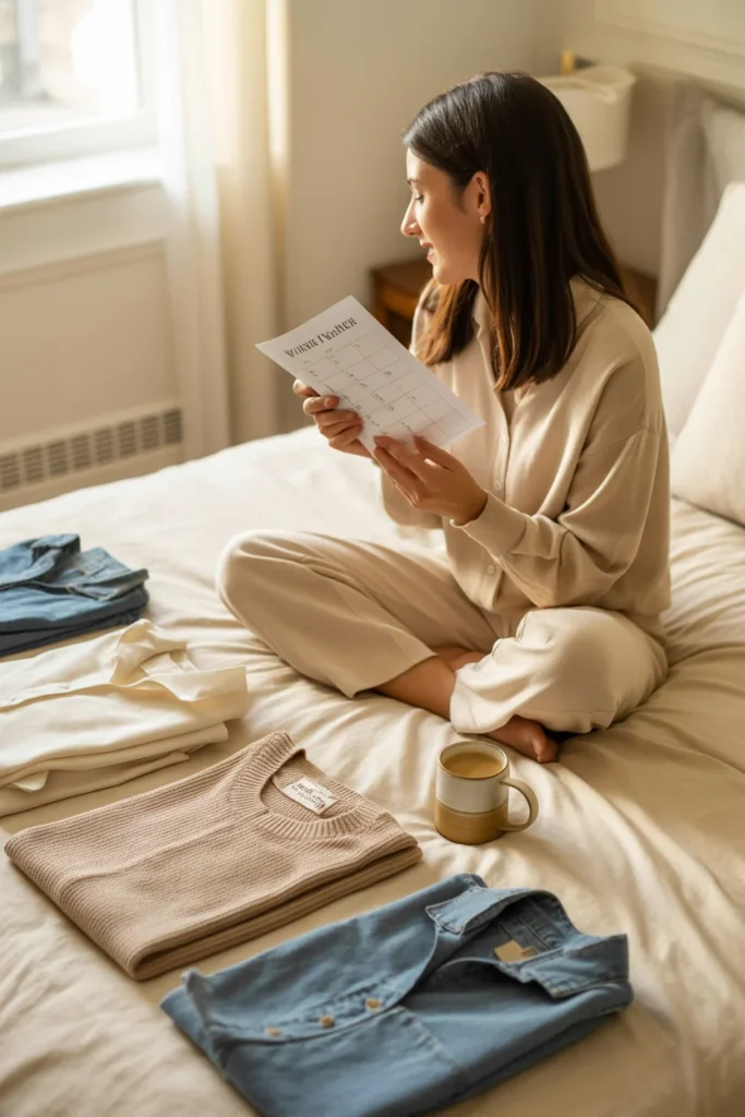 Woman using a printable capsule wardrobe checklist to plan her minimalist closet — step by step wardrobe planner