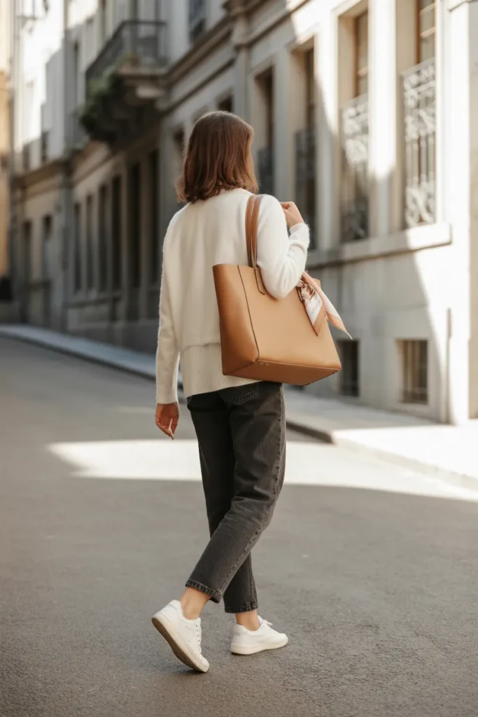 Woman walking in Europe wearing travel capsule wardrobe outfit with cashmere sweater and jeans