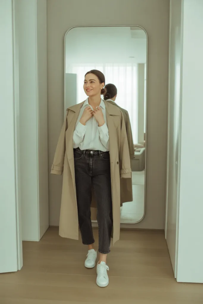 Woman wearing a minimalist wardrobe outfit with trench coat jeans and white sneakers