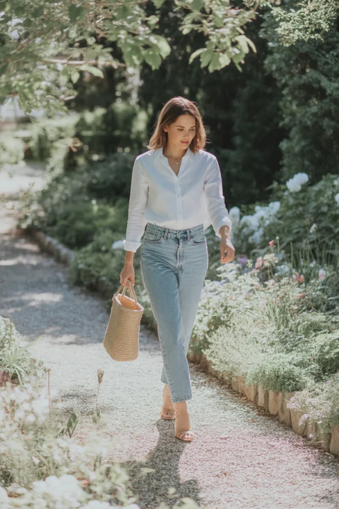 Woman wearing a white linen button-down shirt and light-wash jeans — essential spring capsule wardrobe outfit 2026
