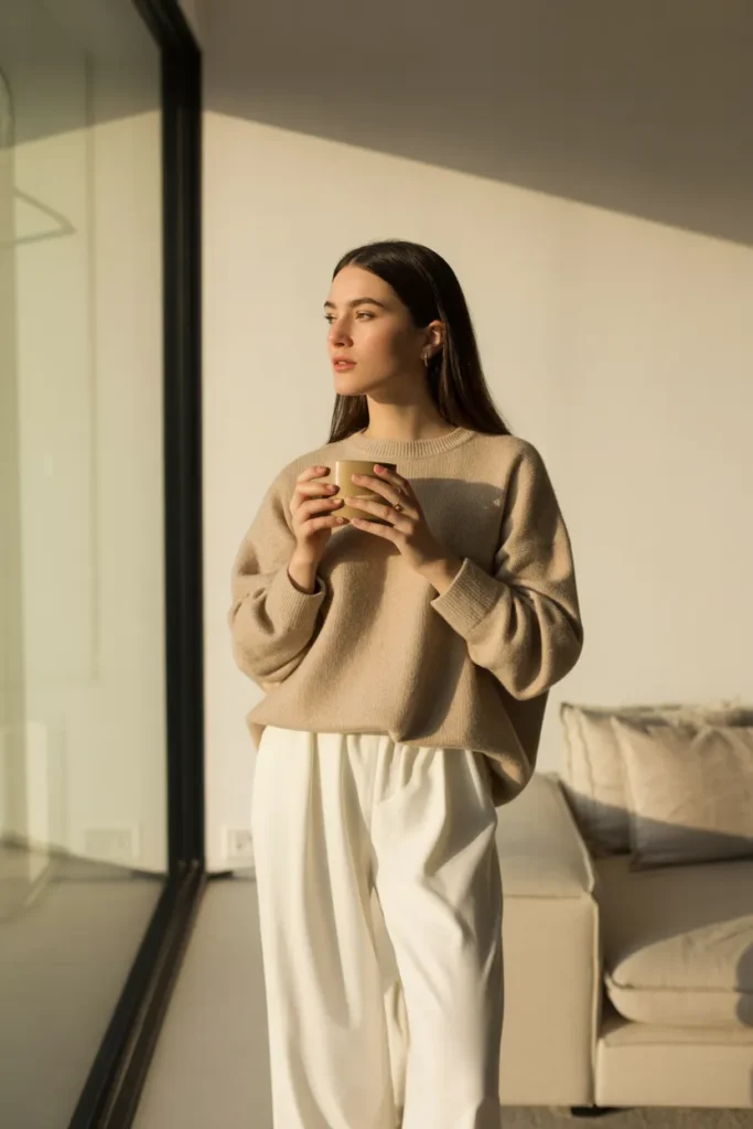 Woman wearing affordable capsule wardrobe basics in neutral tones with a cashmere sweater and wide leg trousers