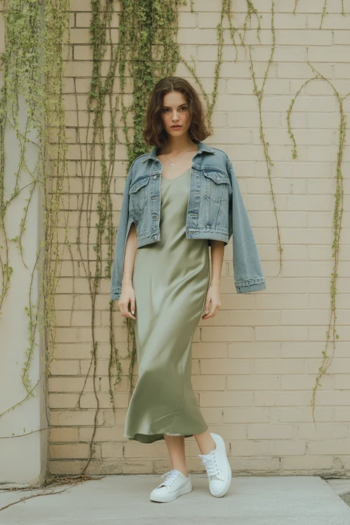 Sage green slip dress with denim jacket and sneakers — casual spring outfit idea 2026