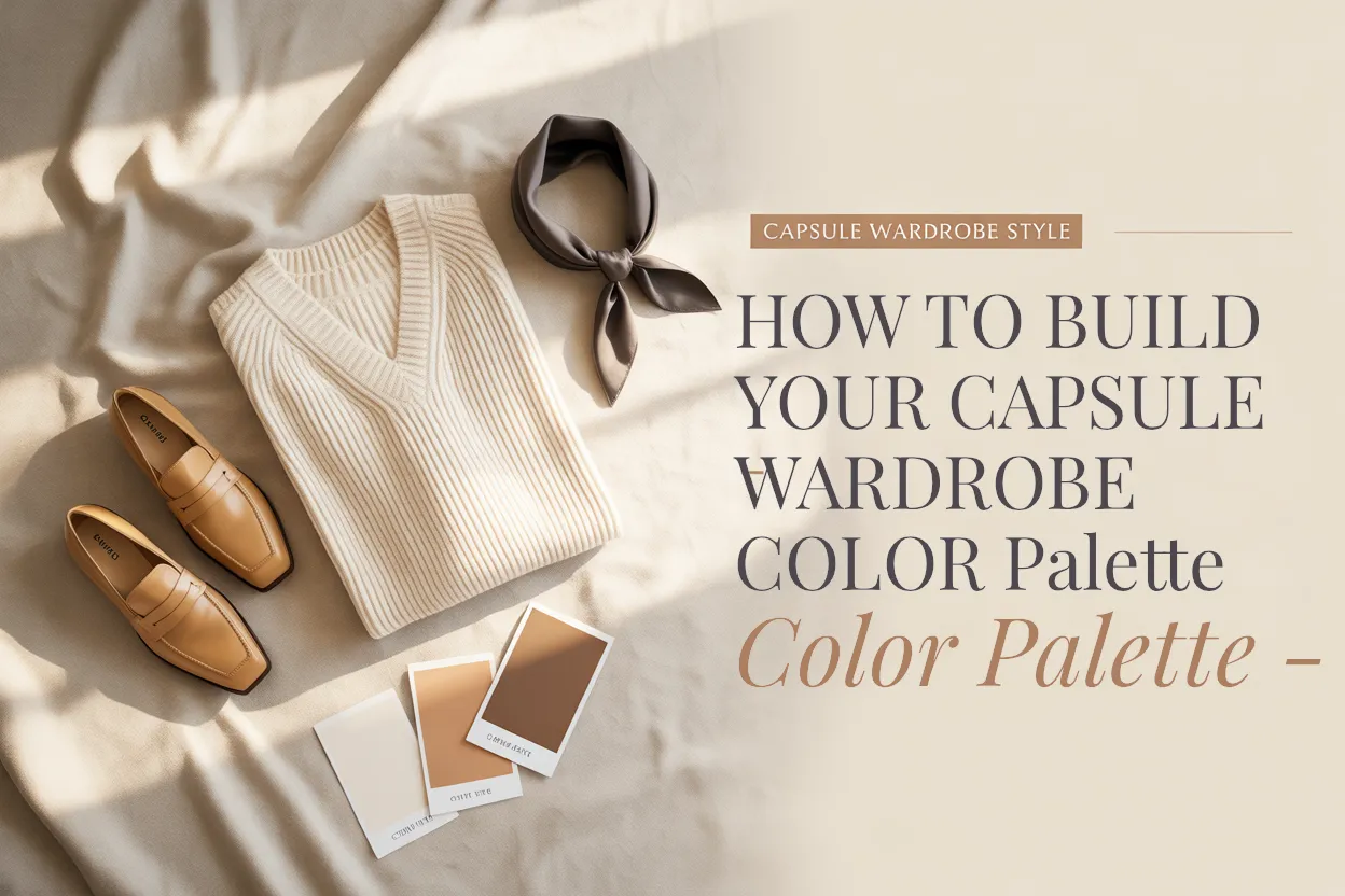 Capsule wardrobe color palette flat lay with ivory sweater, camel loafer, and charcoal scarf on cream linen.