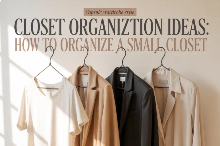 Closet organization ideas for a small closet with neutral capsule wardrobe on slim velvet hangers