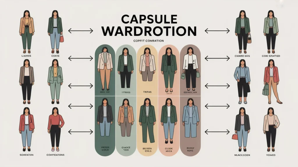 infographic showing how to create 10 different outfits from a capsule wardrobe using mix and match combinations