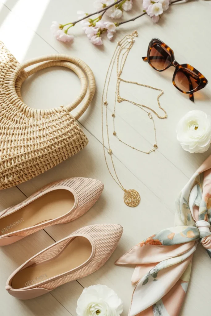  spring 2026 accessories flat lay with ballet flats woven bag gold jewelry and silk scarf