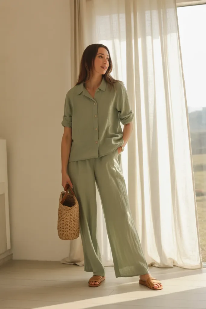 spring 2026 matching linen set in sage green with sandals and raffia bag lifestyle photo