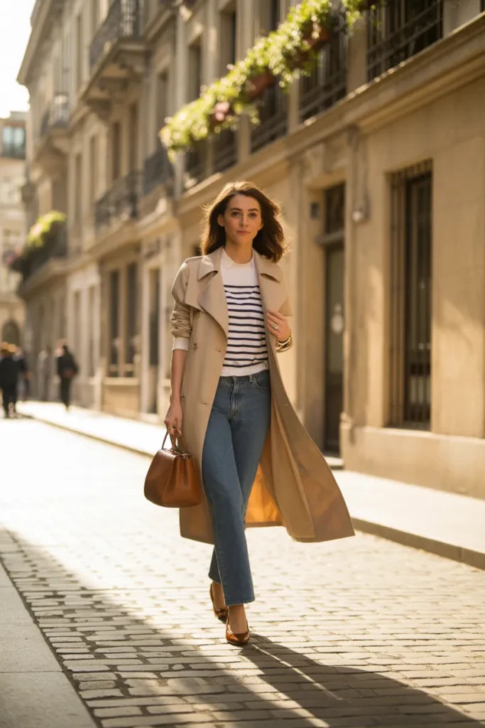 spring fashion 2026 street style woman in trench coat and bootcut jeans on European street