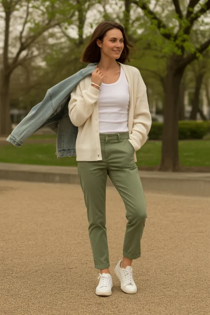  spring fashion 2026 transitional layering outfit with cardigan and chinos in park setting