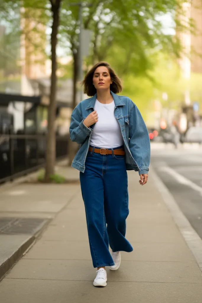  spring outfit ideas 2026 denim on denim street style with wide leg jeans and light jacket