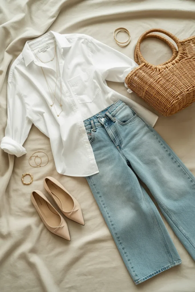  spring outfit ideas 2026 flat lay with white shirt wide leg jeans and ballet flats on linen background