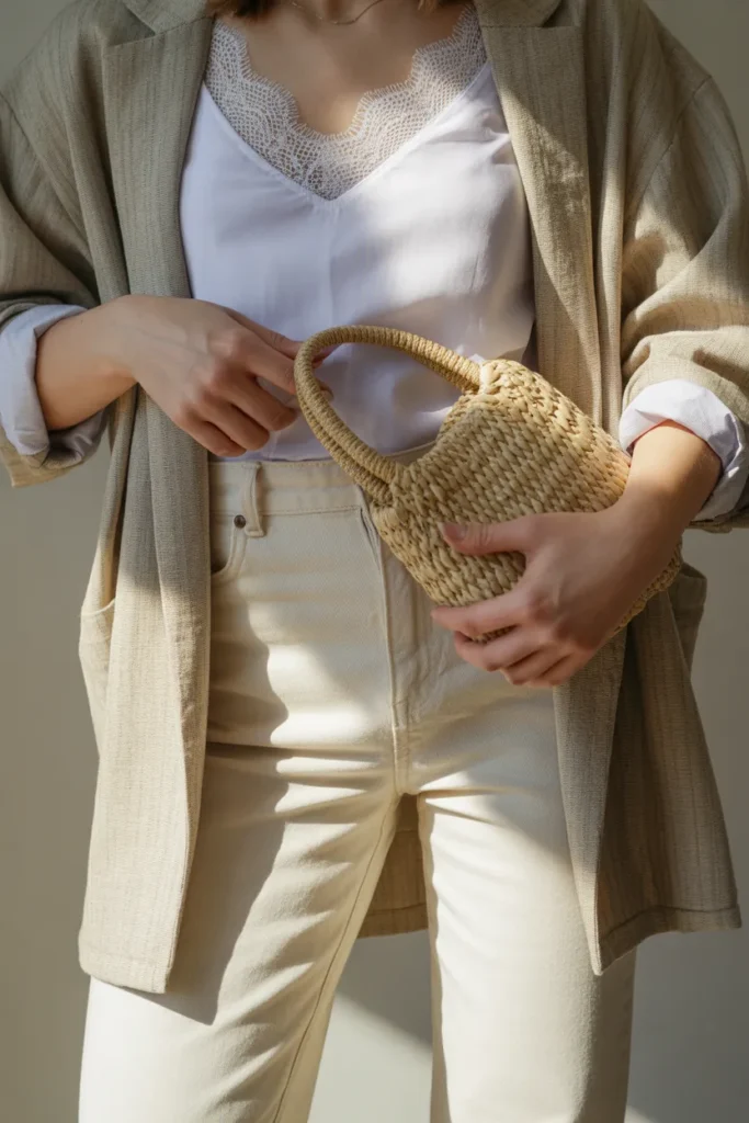 spring outfit ideas lace camisole under beige blazer with ecru jeans and woven handbag