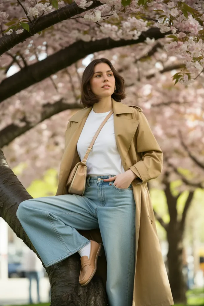 what to wear spring 2026 trench coat over white tee and wide leg jeans near cherry blossoms