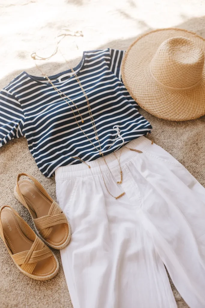 what to wear spring Mediterranean inspired outfit flat lay with Breton stripes and linen pants