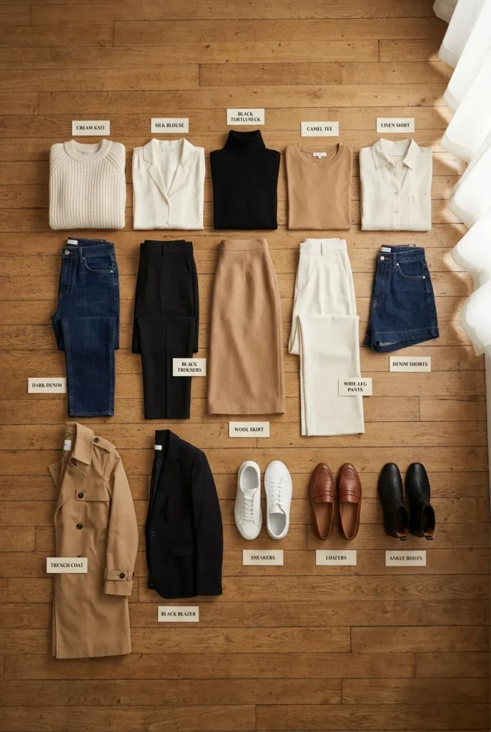 15-piece fall capsule wardrobe grid with sweaters, jeans, trench coat, and boots