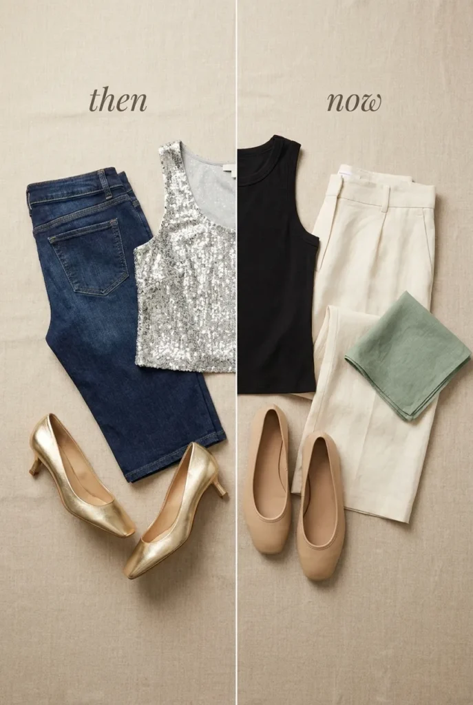 2000s capris vs 2026 capris side by side flat lay with low rise pants and modern wide leg capris.