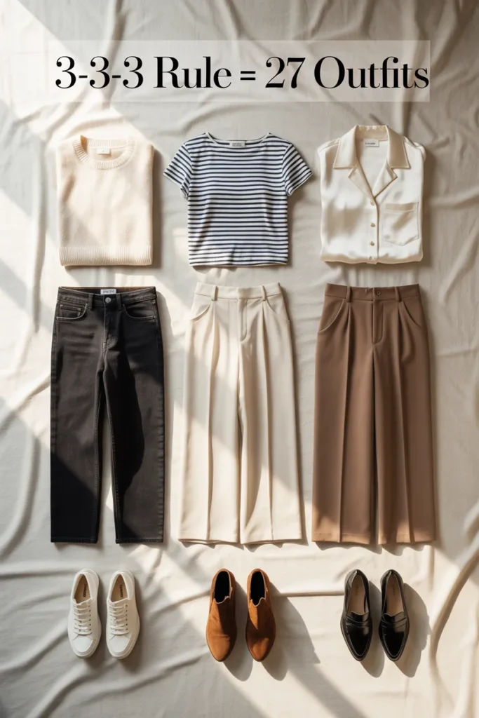 3-3-3 rule capsule wardrobe grid showing nine pieces that create 27 fall outfit combinations