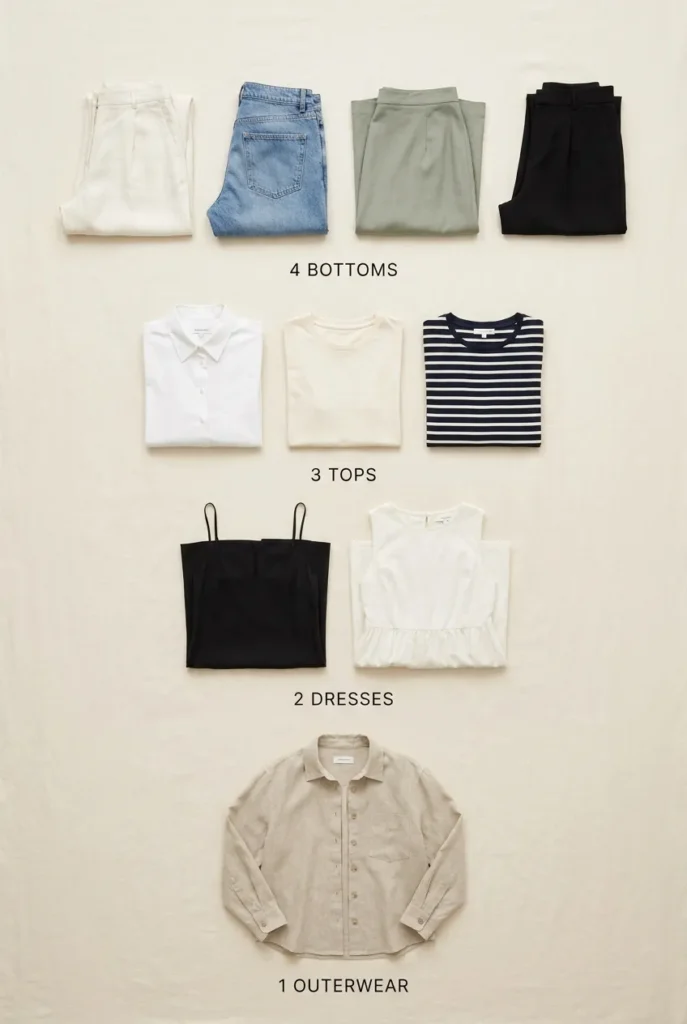4-3-2-1 europe summer capsule wardrobe math flat lay with bottoms tops dresses and one hero layer