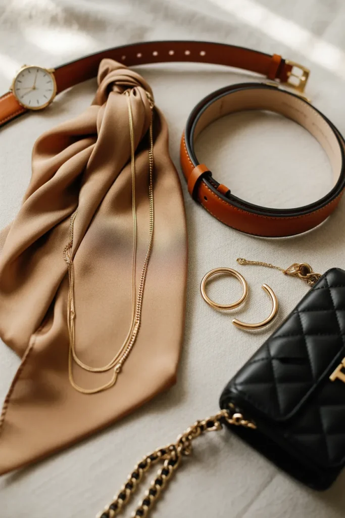 Accessory layering flat lay with silk scarf, gold necklaces, leather belt, watch, and crossbody bag for capsule outfits
