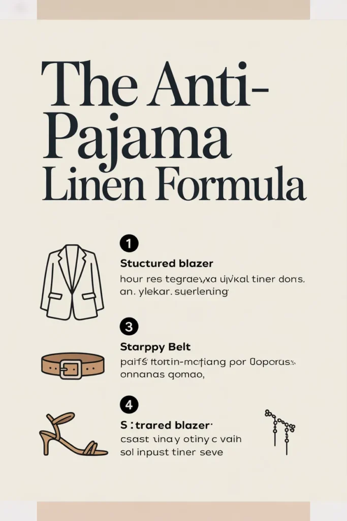 Anti-pajama linen pants formula infographic with four styling rules for polished summer outfits