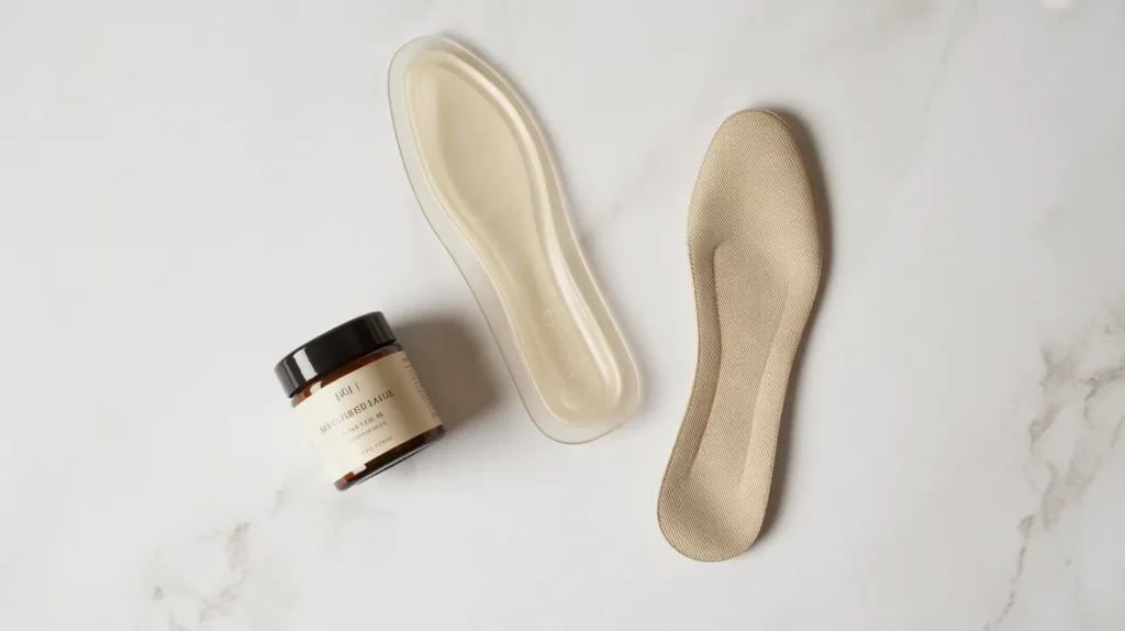 Ballet flat comfort accessories including gel insoles, heel grips, and leather conditioner
