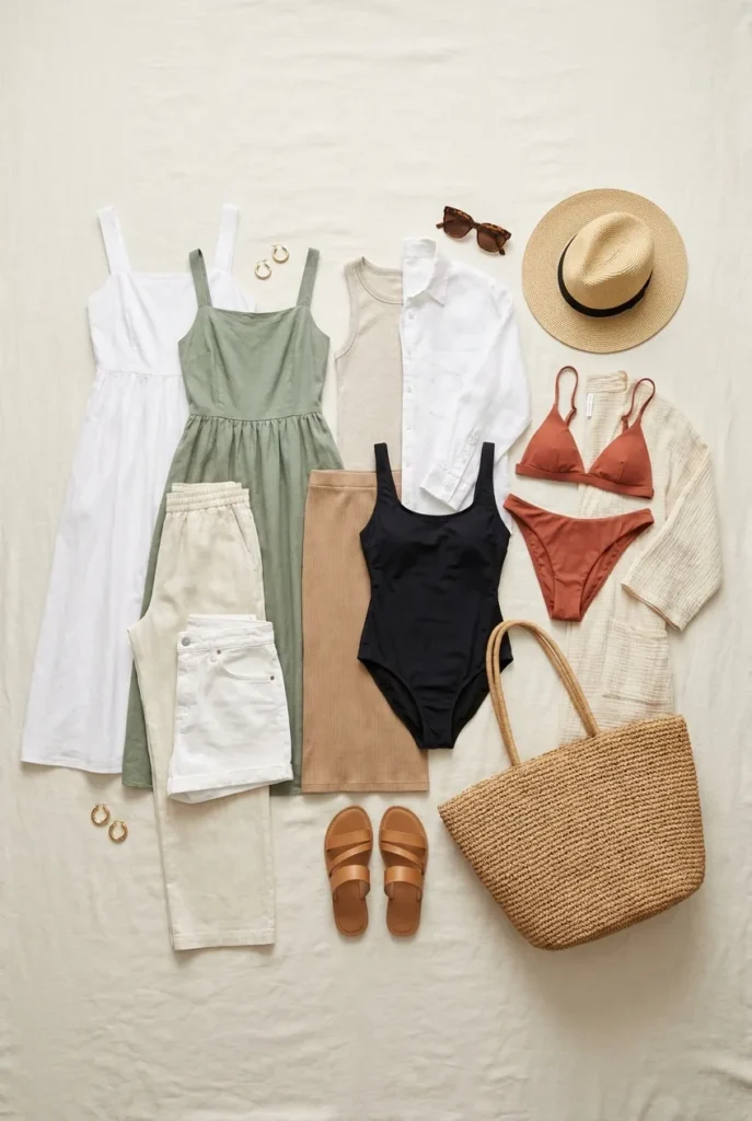 Beach vacation capsule wardrobe flat lay with sundress, linen pants, swimsuits, sandals, and raffia tote on ivory linen.