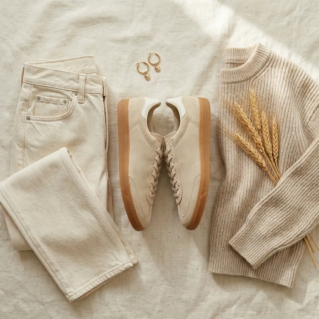 Beige suede sneakers styled with cream wide-leg jeans and oat ribbed knit sweater for soft retro outfit