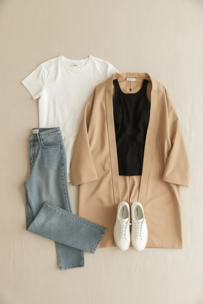 Best basics under $30 flat lay on cream linen showing capsule wardrobe staples