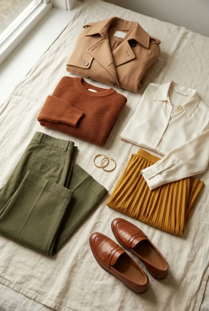 Best colors to wear for warm skin tones flat lay with camel rust ivory and olive capsule pieces